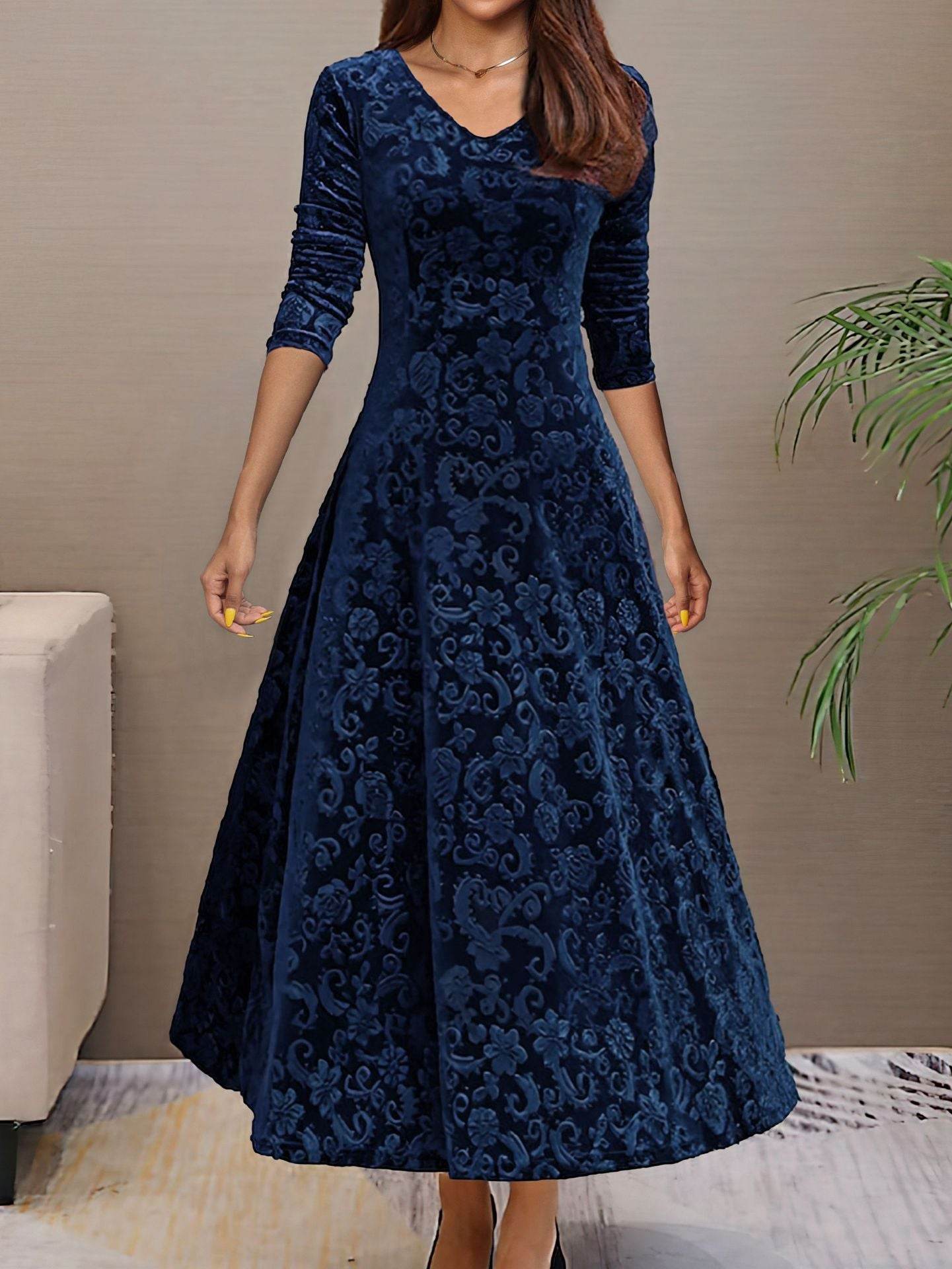Buycenter Women's Mid-Length Velvet Dress - A-Line, Solid Colors Available - Buy Center