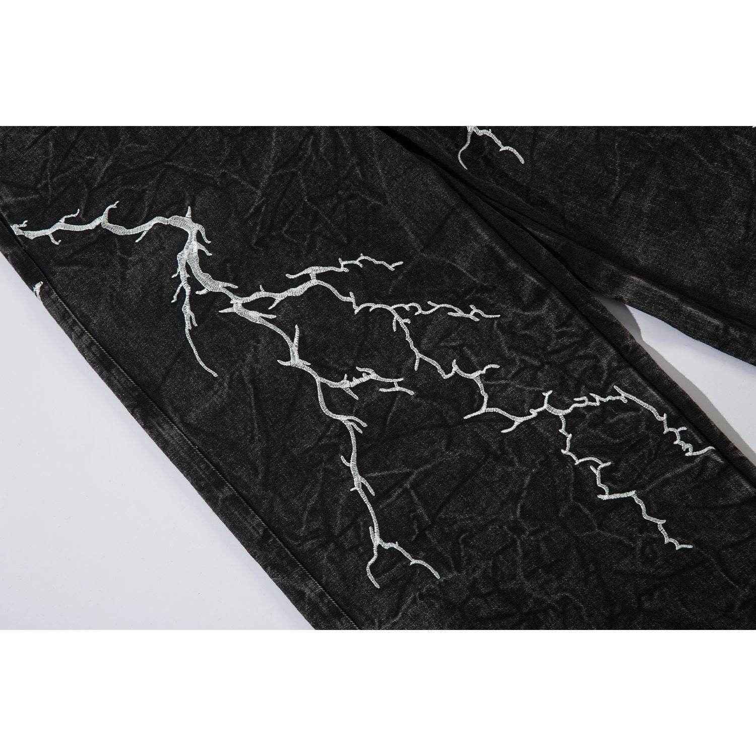 Retro Heavy Industry Loose Jeans - Lightning Embroidery Casual Style