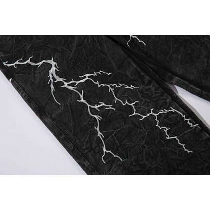 Retro Heavy Industry Loose Jeans - Lightning Embroidery Casual Style