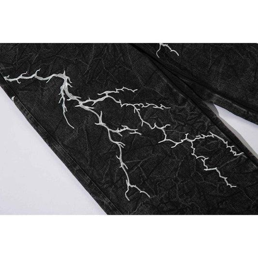 Retro Heavy Industry Loose Jeans - Lightning Embroidery Casual Style