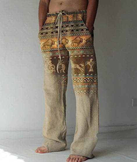 Buycenter Men's Casual Linen Pants - Printed, Loose Fit, Multiple Sizes - Buy Center