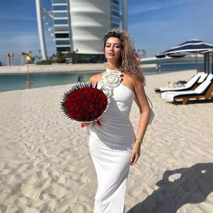 Elegant White Ribbon Flower Halter Dress - Trendy Cocktail Style 2025 - Buy Center