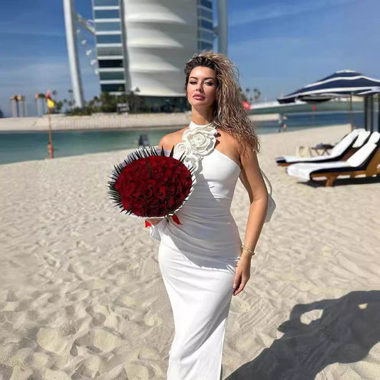 Elegant White Ribbon Flower Halter Dress - Trendy Cocktail Style 2025 - Buy Center