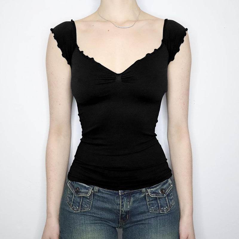 Lace Chest Slimming Top - Short Sleeve Black Pullover for Modern Style - Buy Center