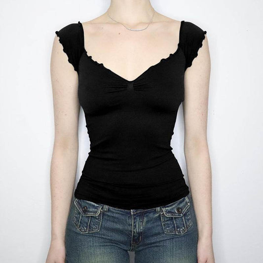 Lace Chest Slimming Top - Short Sleeve Black Pullover for Modern Style - Buy Center