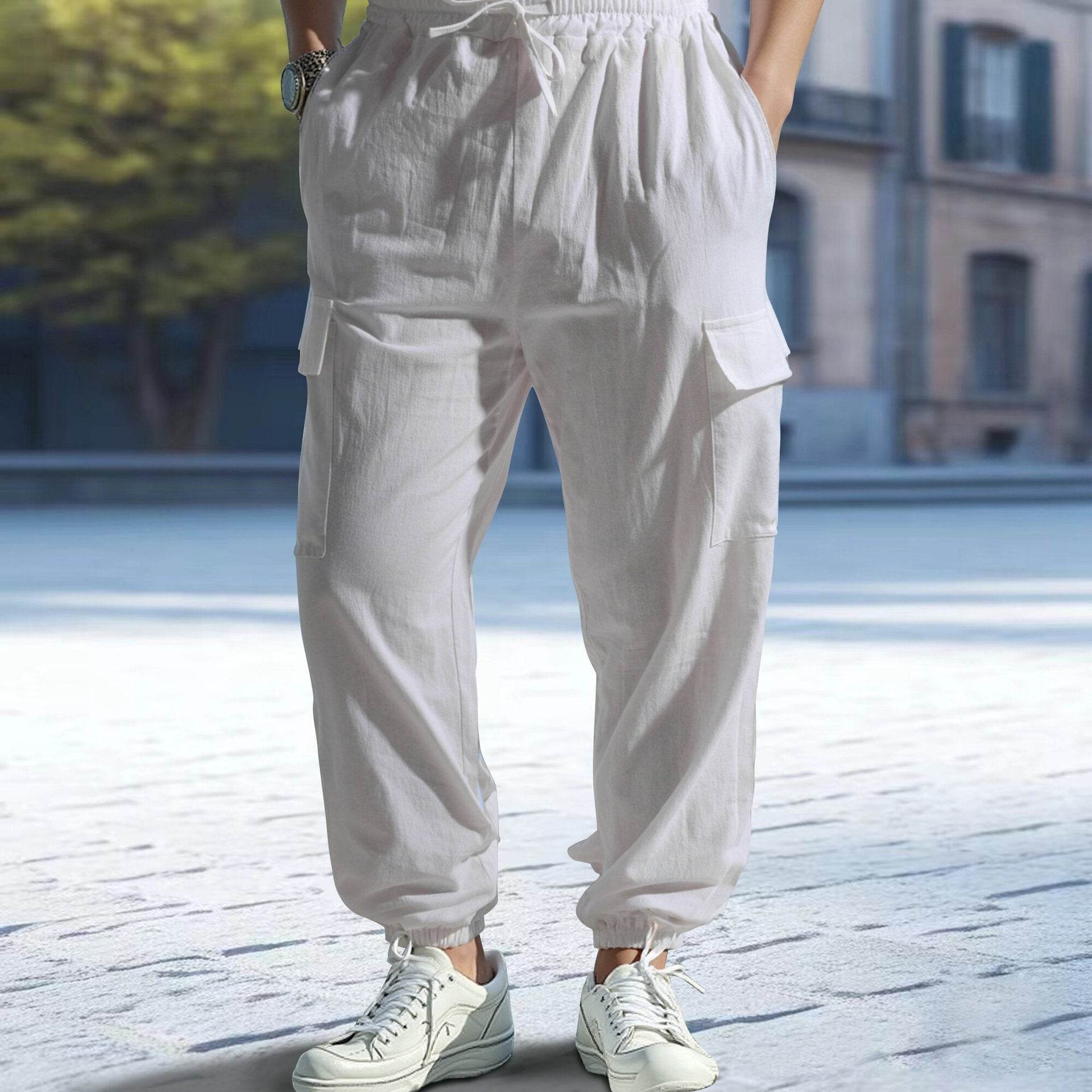 Buycenter Men's Casual Multi-Pocket Ankle Pants - Cotton & Linen Blend - Buy Center