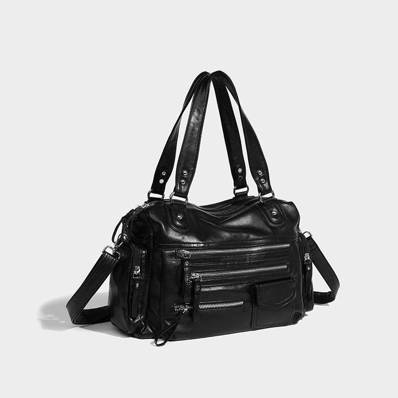 Fashion Black Vintage Zipper Motorcycle Bag - Chic Crossbody Backpack - Buy Center
