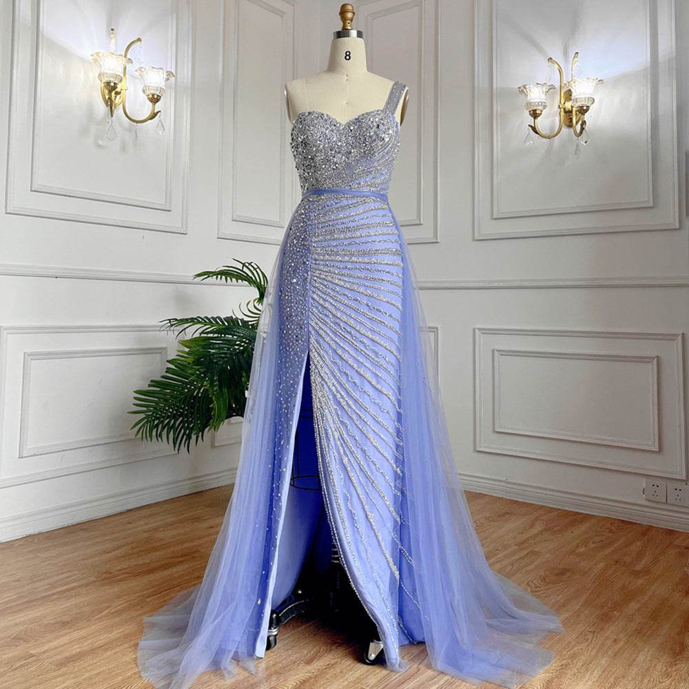 Blue Handmade Beaded Fishtail Dress - Elegant Split Shoulder Evening Wear - Buy Center
