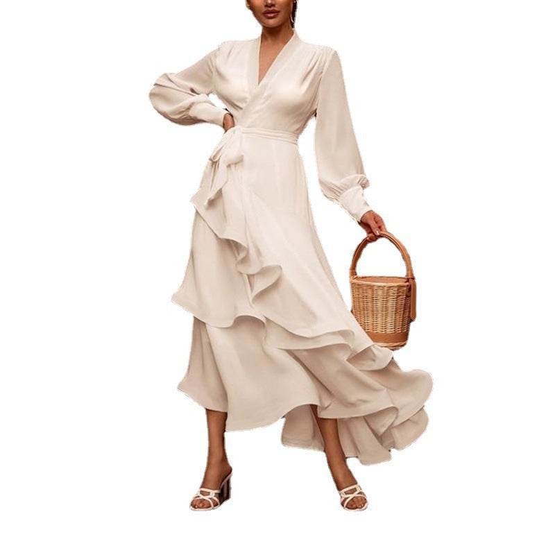 Elegant Deep V Long Dress - Solid Color Flounced Skirt for Ladies - Buy Center
