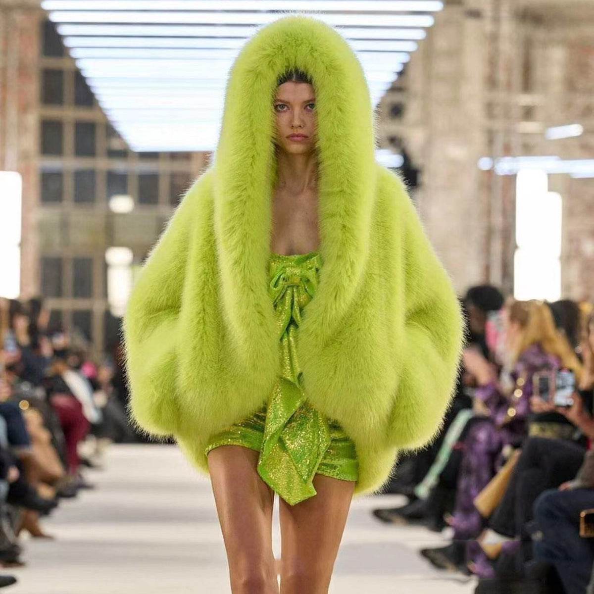 Women's Green Faux Fox Fur Hooded Coat - Stylish Winter Fashion 2025 - Buy Center