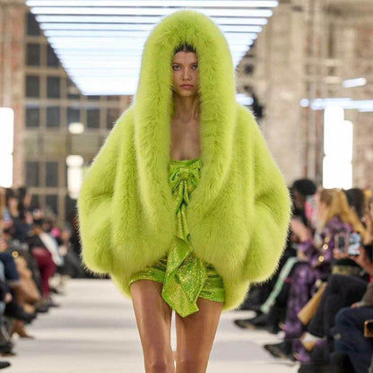 Women's Green Faux Fox Fur Hooded Coat - Stylish Winter Fashion 2025 - Buy Center