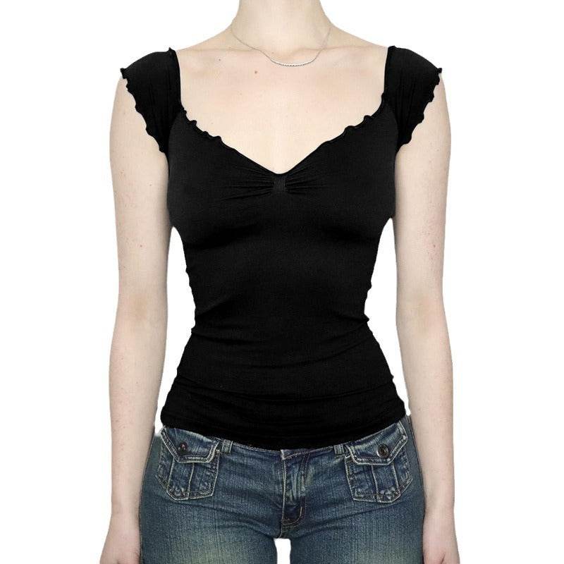 Lace Chest Slimming Top - Short Sleeve Black Pullover for Modern Style - Buy Center