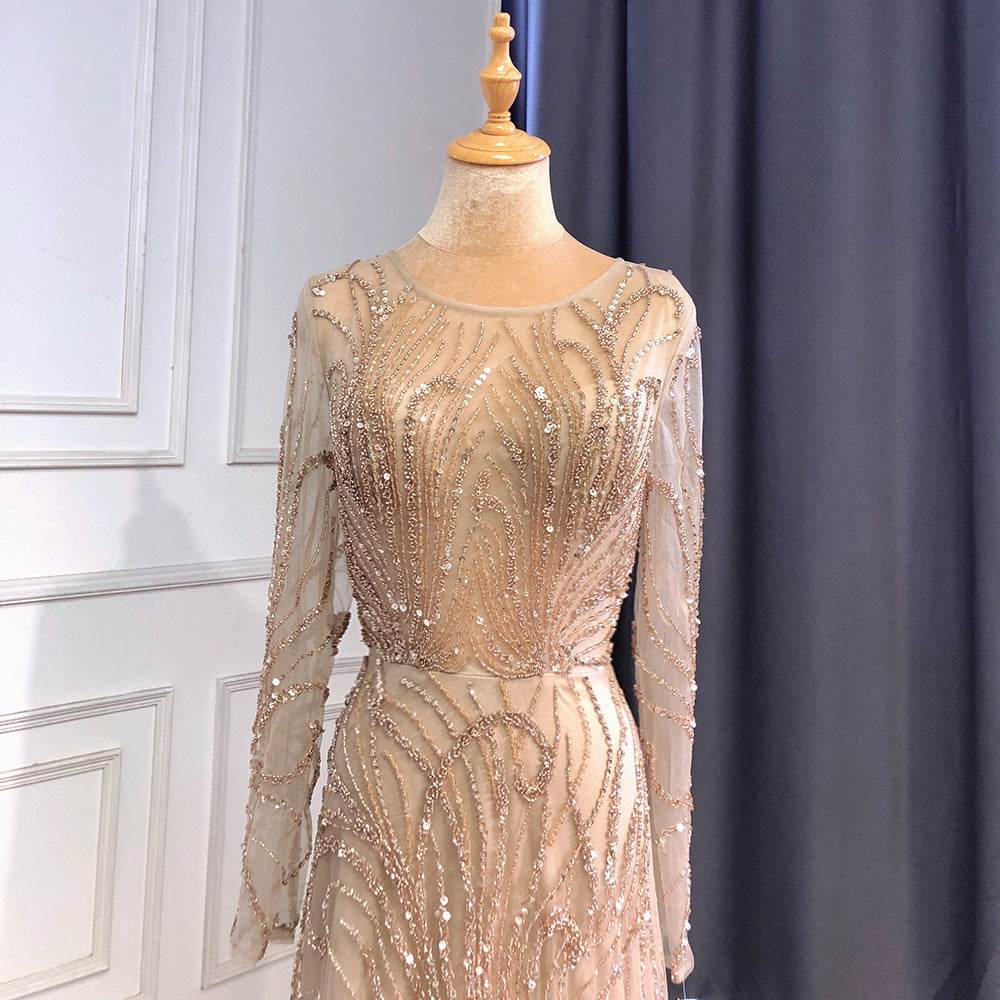 Light Luxury Evening Dress - Elegant Caramel Color with Long Sleeves - Buy Center