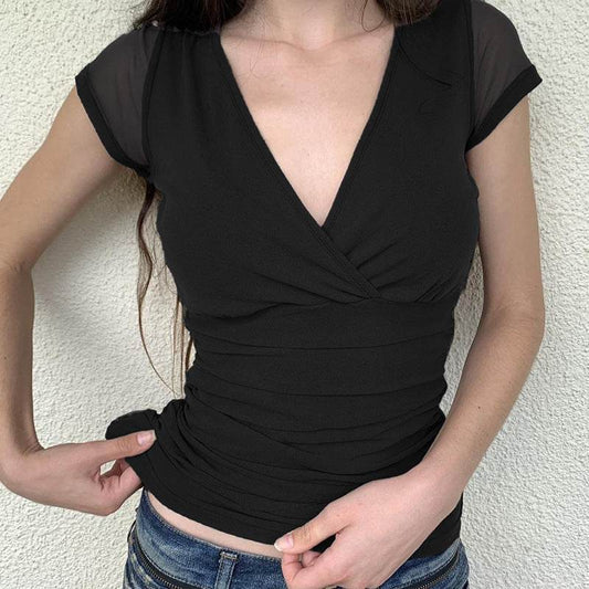Buycenter Deep V Design Ladies Short Sleeve - Pleated Mesh Top, Black - Buy Center