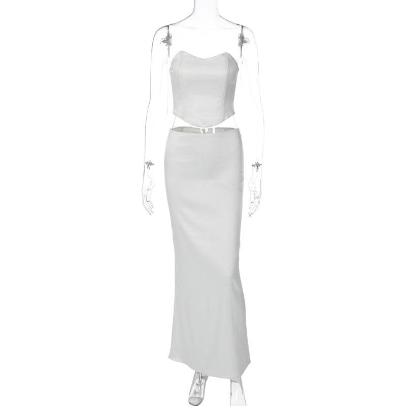 Buycenter Solid Color Lace-Up Bandeau Dress Suit - Sleek Mid-Length Style - Buy Center