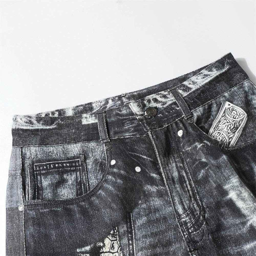 Men's Dark Digital Print Horn Jeans - Stylish Cotton Blend for Comfort
