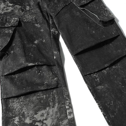 Men's Distressed Cargo Pants - Multi-Pocket, Trendy Splashed Ink Style - Buy Center