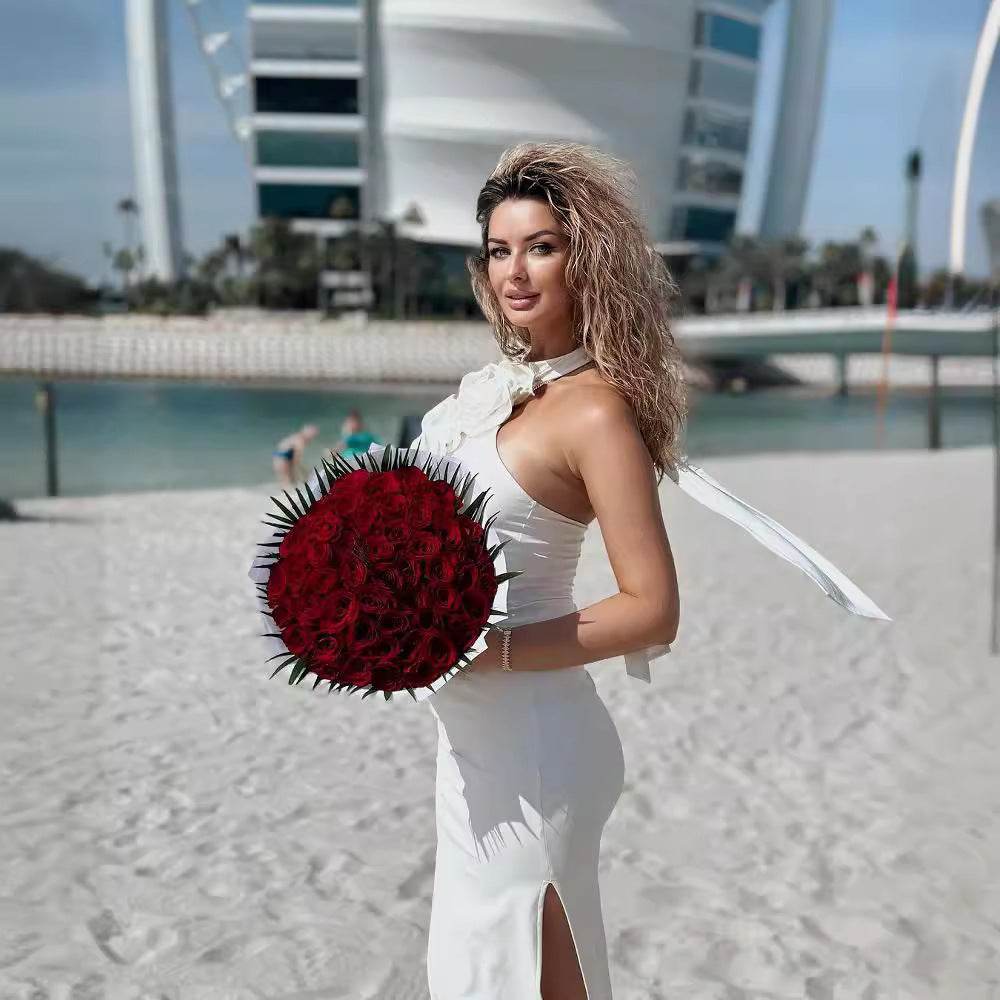 Elegant White Ribbon Flower Halter Dress - Trendy Cocktail Style 2025 - Buy Center