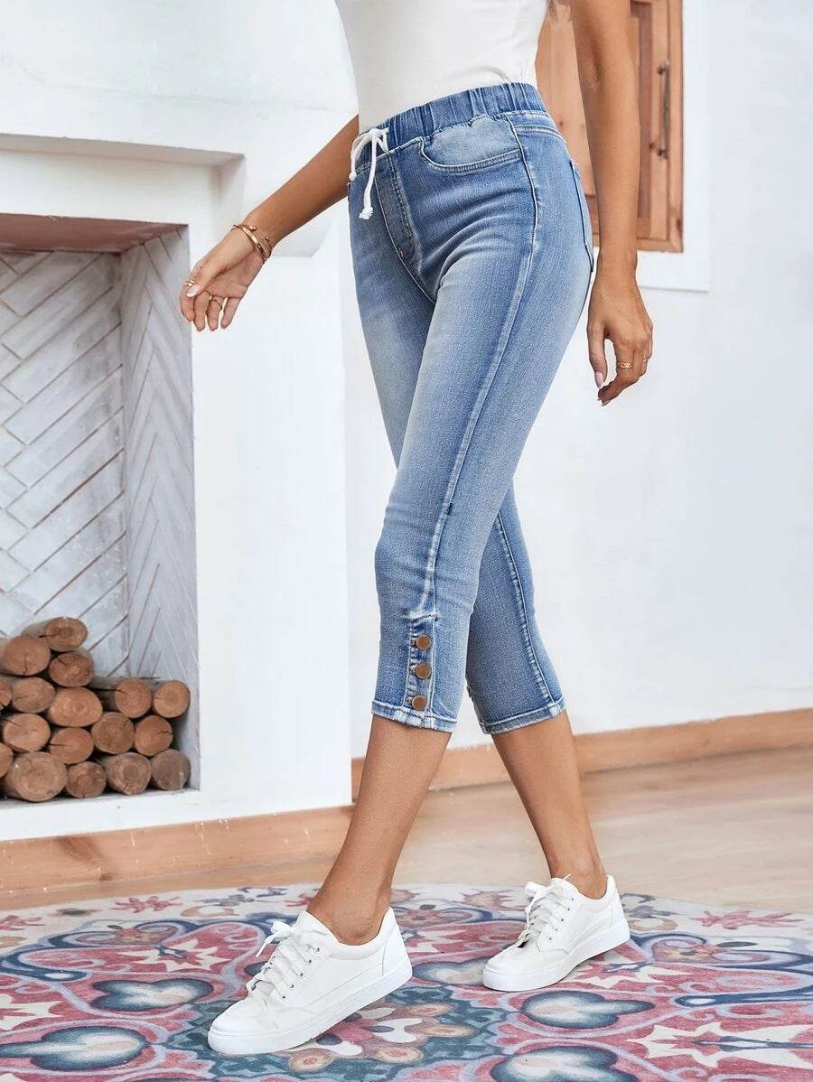 Buycenter Women's Stretch Jeans - Elastic Waistband & Lace-up Design - Buy Center