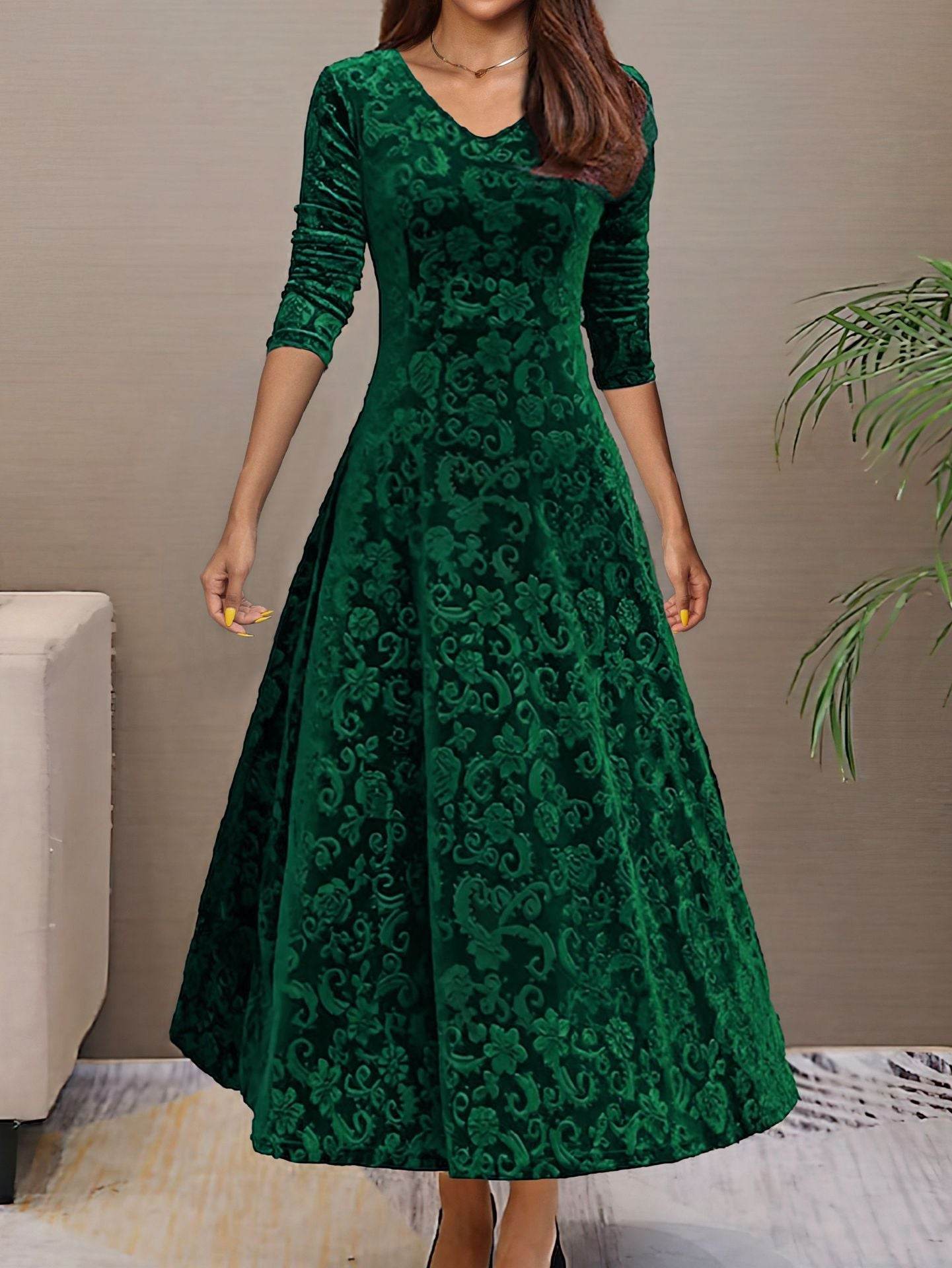 Buycenter Women's Mid-Length Velvet Dress - A-Line, Solid Colors Available - Buy Center