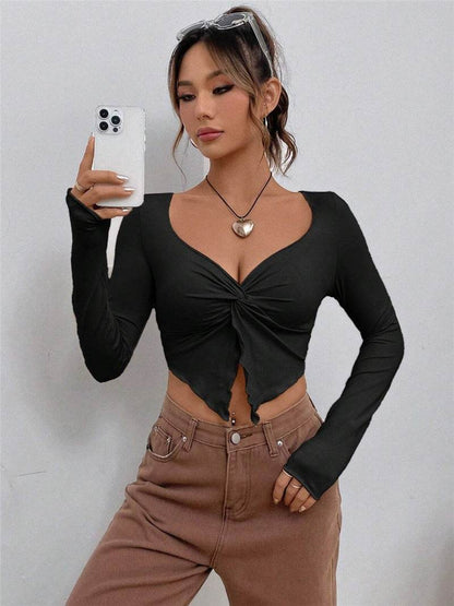 Slim-Fit Front Twist Long Sleeve T-Shirt for Women - Stylish 2025 Essential - Buy Center