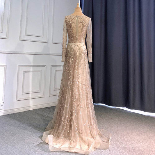 Light Luxury Evening Dress - Elegant Caramel Color with Long Sleeves - Buy Center