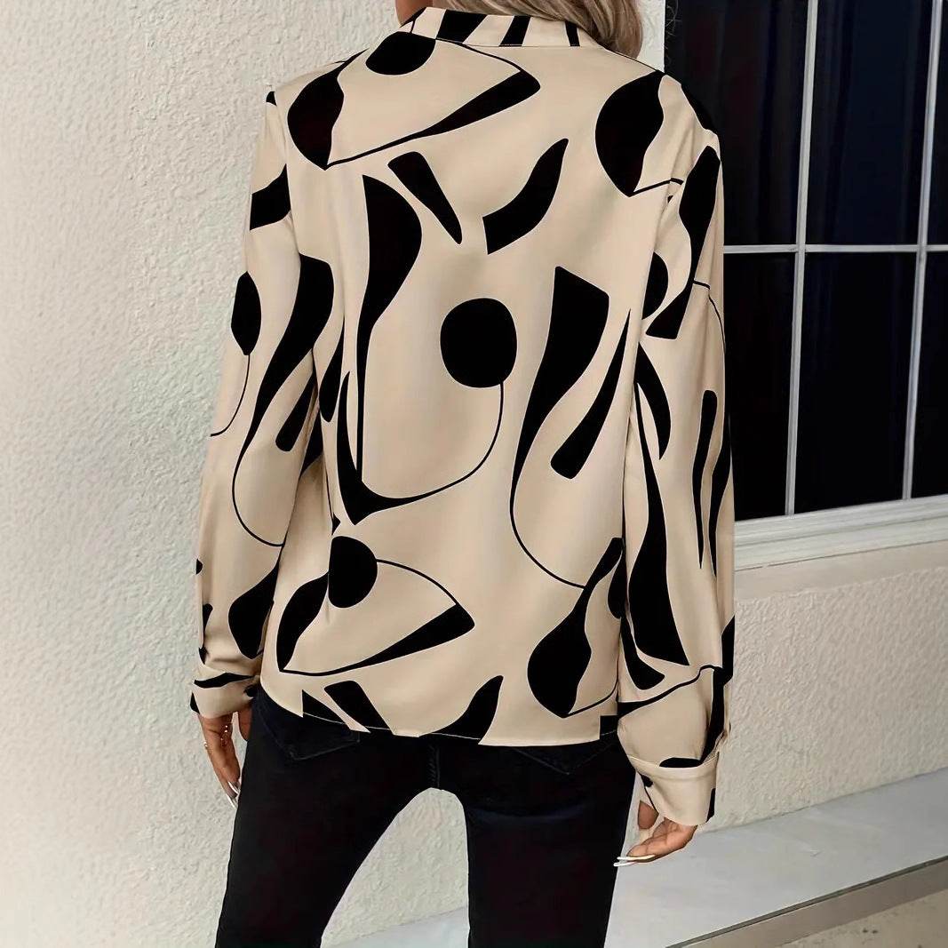 Buycenter Women's Notched Collar Long Sleeve Shirt - Printed Blouse - Buy Center