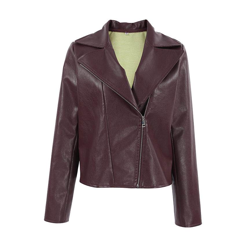 Wine Red Faux Leather Suit Jacket - Stylish Long Sleeve Outerwear 2025 - Buy Center