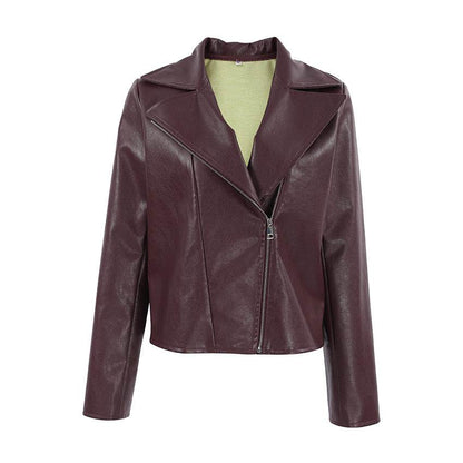 Wine Red Faux Leather Suit Jacket - Stylish Long Sleeve Outerwear 2025 - Buy Center