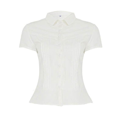 Buycenter Pleated Lapel Blouse - Short Sleeve Girls' Top in Pink & White - Buy Center