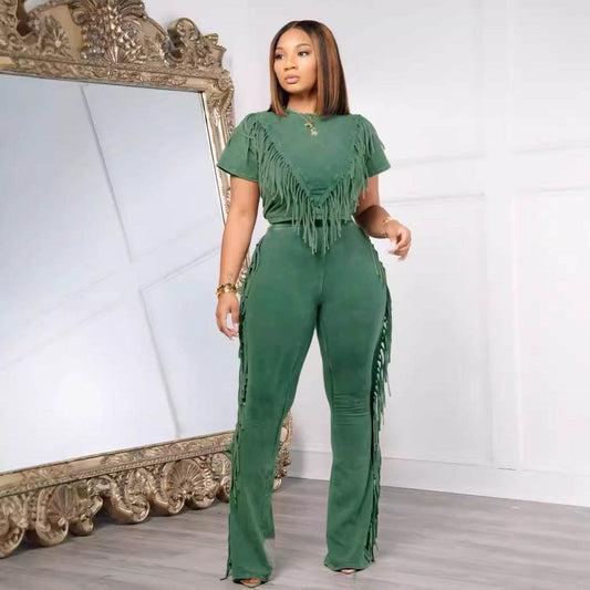 Buycenter Casual Tassel Top Wide Leg Pants Suit - Solid Color Set - Buy Center