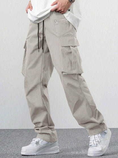 Casual Multi-Pocket Men's Overalls - Solid Color & Mid-Waist Style - Buy Center