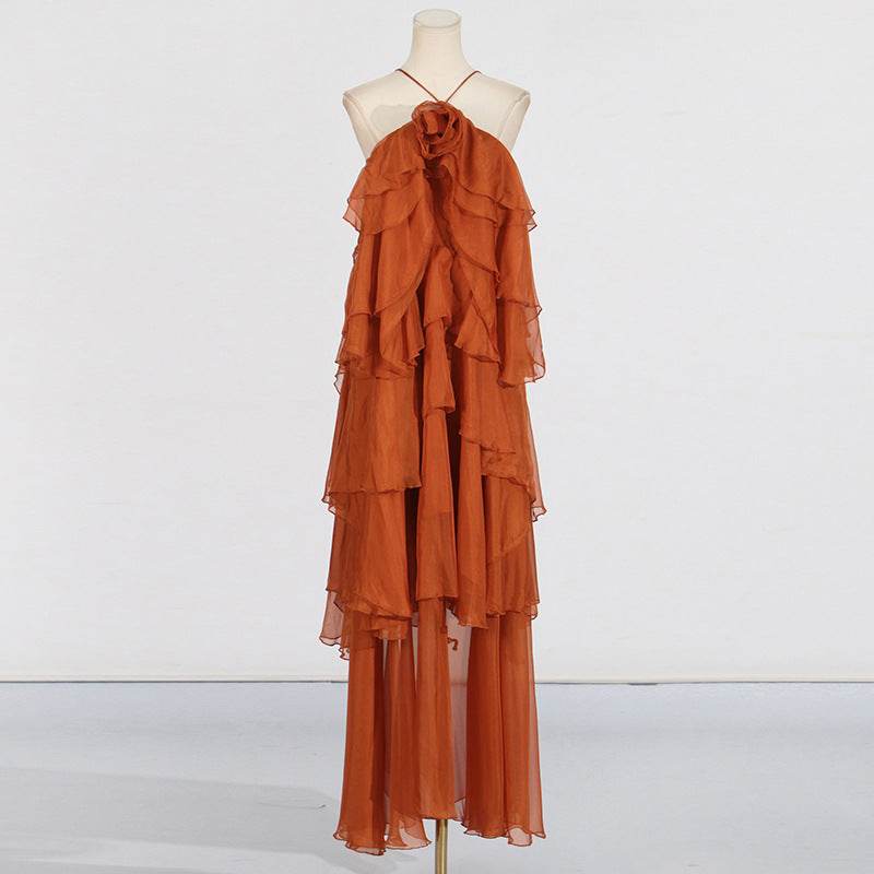Elegant Lady Patchwork Ruffled Dress - Long Flattering Design for Socialites - Buy Center
