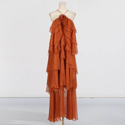 Elegant Lady Patchwork Ruffled Dress - Long Flattering Design for Socialites - Buy Center