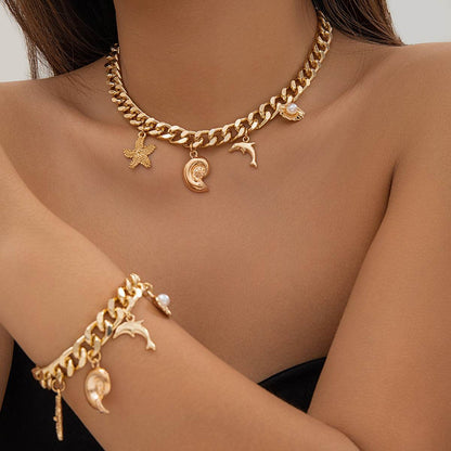 Boho Dolphin Starfish Choker Necklace & Bracelet Set - Trendy Vintage Style - Buy Center
