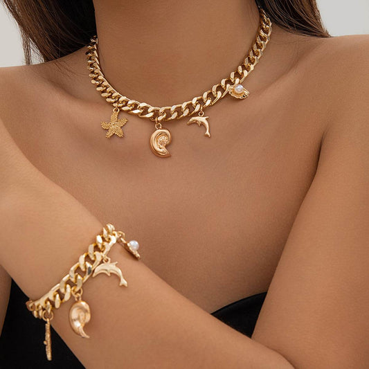 Boho Dolphin Starfish Choker Necklace & Bracelet Set - Trendy Vintage Style - Buy Center