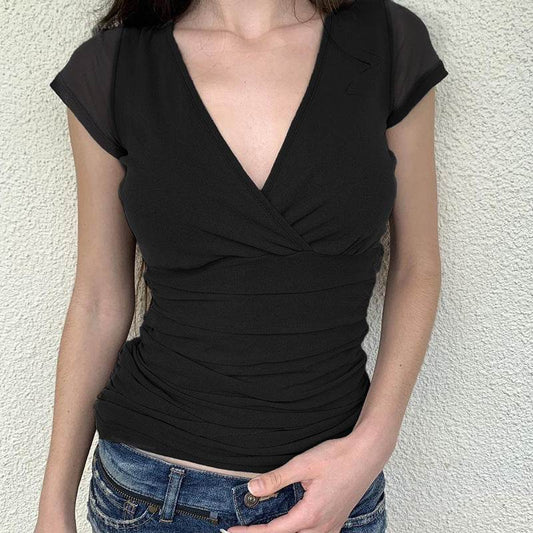 Buycenter Deep V Design Ladies Short Sleeve - Pleated Mesh Top, Black - Buy Center