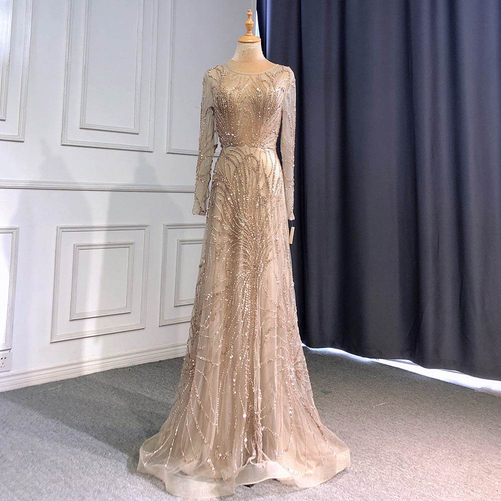 Light Luxury Evening Dress - Elegant Caramel Color with Long Sleeves - Buy Center