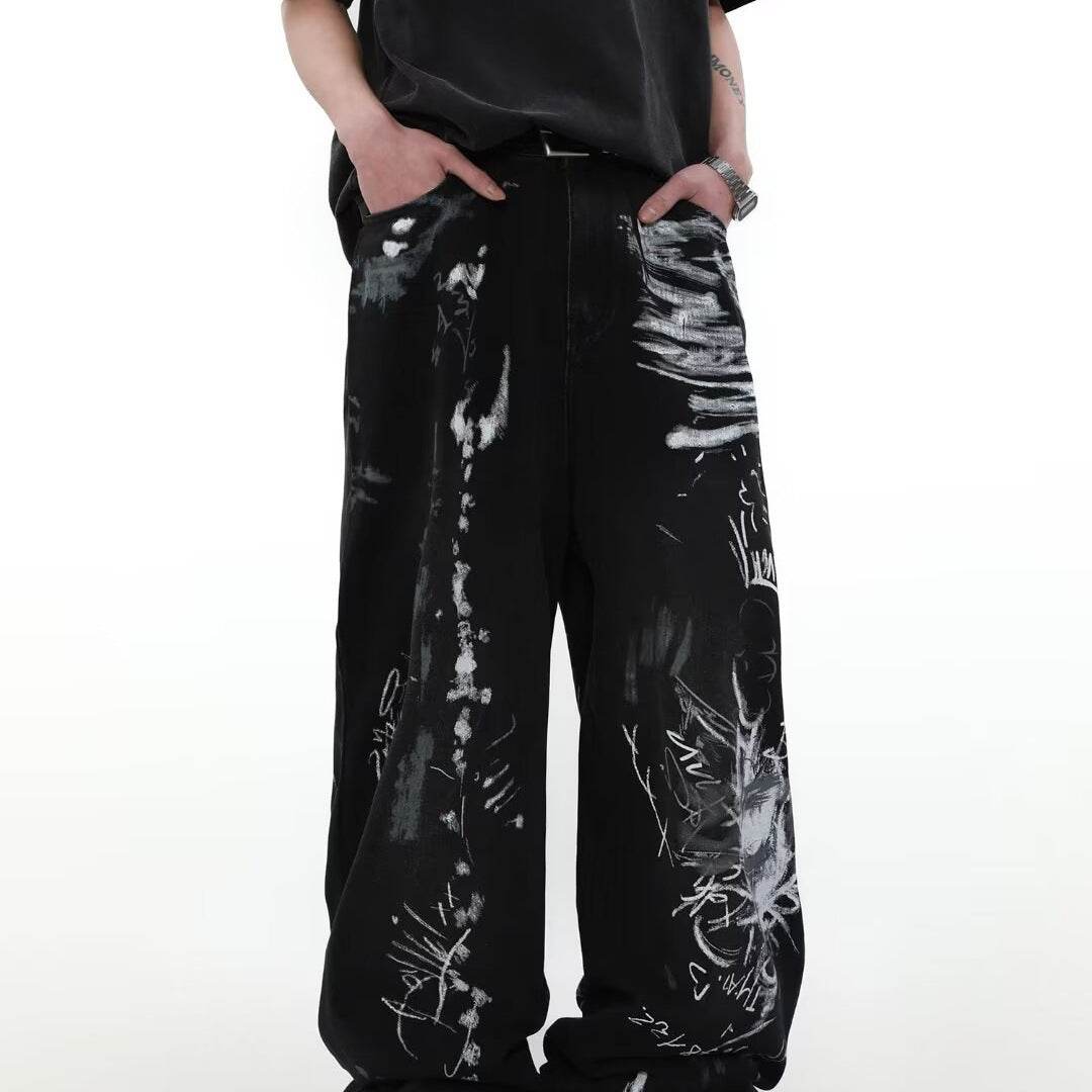 Men's Distressed Black Jeans - Loose Fit Graffiti Print Streetwear Style - Buy Center