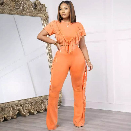 Buycenter Casual Tassel Top Wide Leg Pants Suit - Solid Color Set - Buy Center