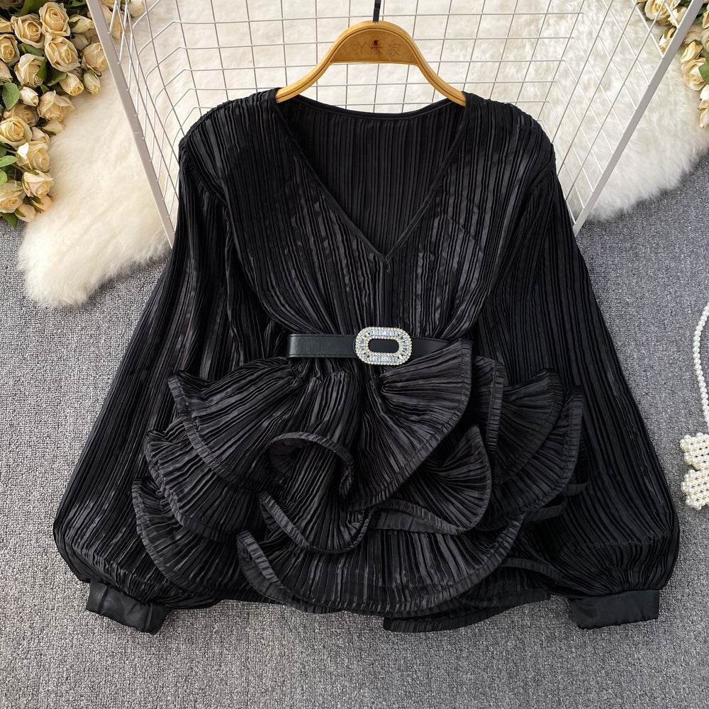 Lantern Sleeve V-Neck Pullover Shirt - Stylish Free Size Blouse for 2025 - Buy Center