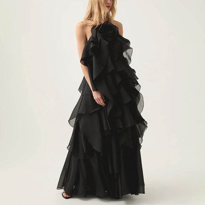 Elegant Lady Patchwork Ruffled Dress - Long Flattering Design for Socialites - Buy Center