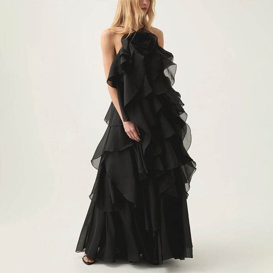 Elegant Lady Patchwork Ruffled Dress - Long Flattering Design for Socialites - Buy Center