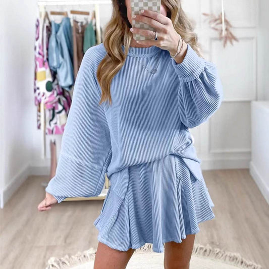 Women's Casual Solid Color Suit - Long Sleeve Top & Skirt Set 2025 - Buy Center