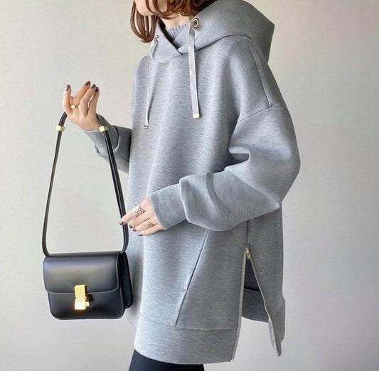 Stylish Women's Loose Hooded Sweater - Melange Gray with Side Zipper - Buy Center