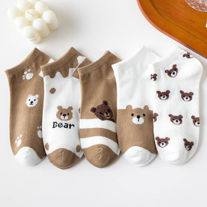 Cute Brown Bear Low-Cut Women's Socks - 5 Pairs of Fun Style - Buy Center