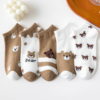 Cute Brown Bear Low-Cut Women's Socks - 5 Pairs of Fun Style - Buy Center