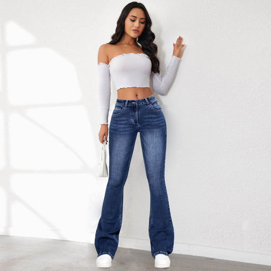Buycenter Women's Retro Washed Denim Stretch Pants - High Waist, Comfy Fit - Buy Center