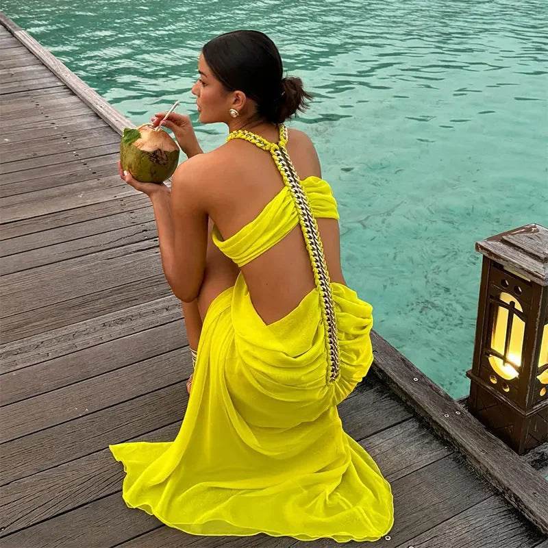 Women's Split Halter Dress - Fluorescent Yellow for Trendy Style 2025 - Buy Center