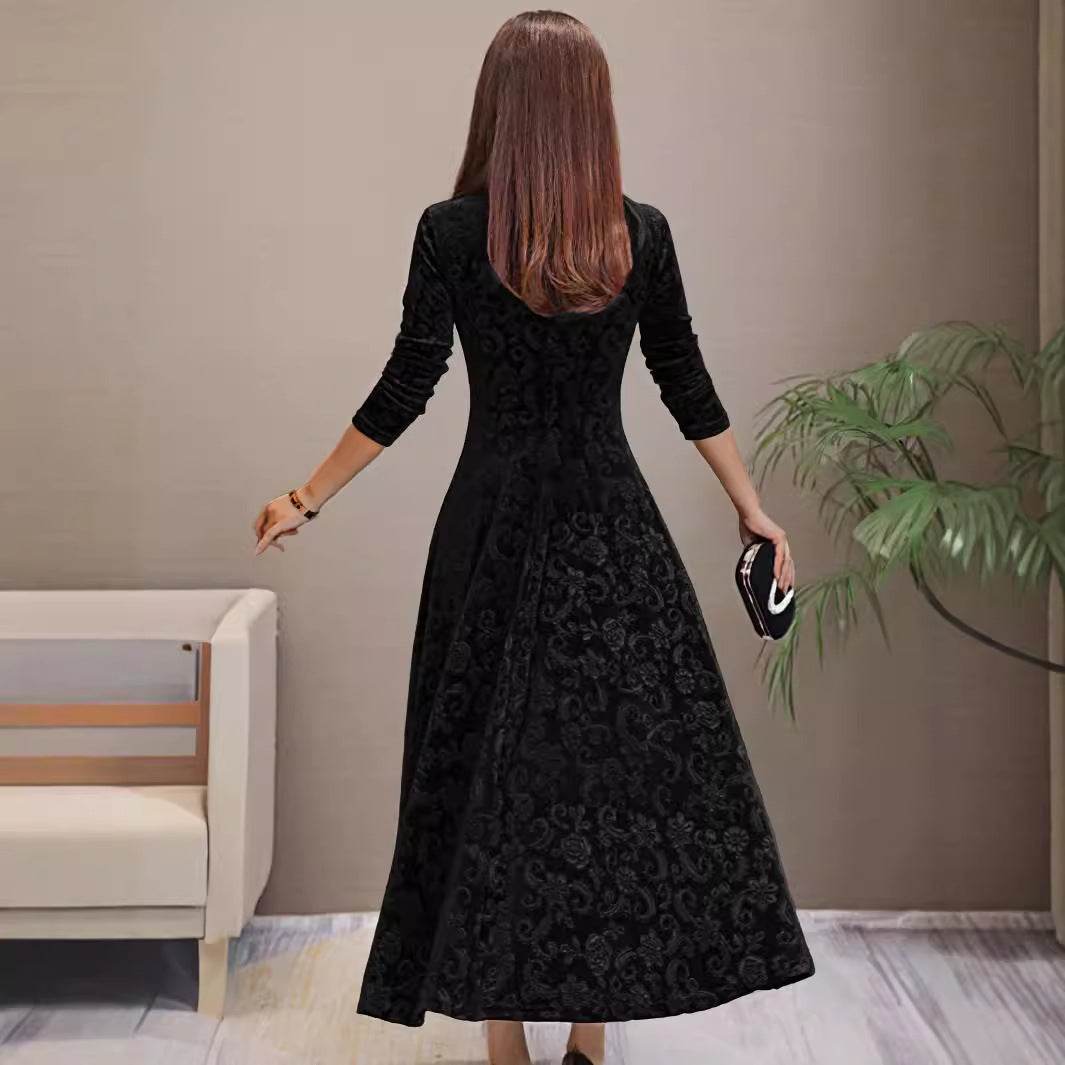 Buycenter Women's Mid-Length Velvet Dress - A-Line, Solid Colors Available - Buy Center